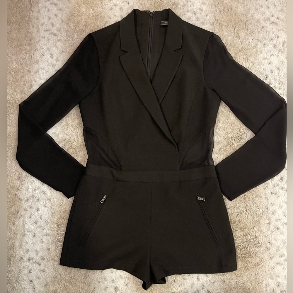 BCBG MaxAzria Black Elshane Sheer Long Sleeve Romper